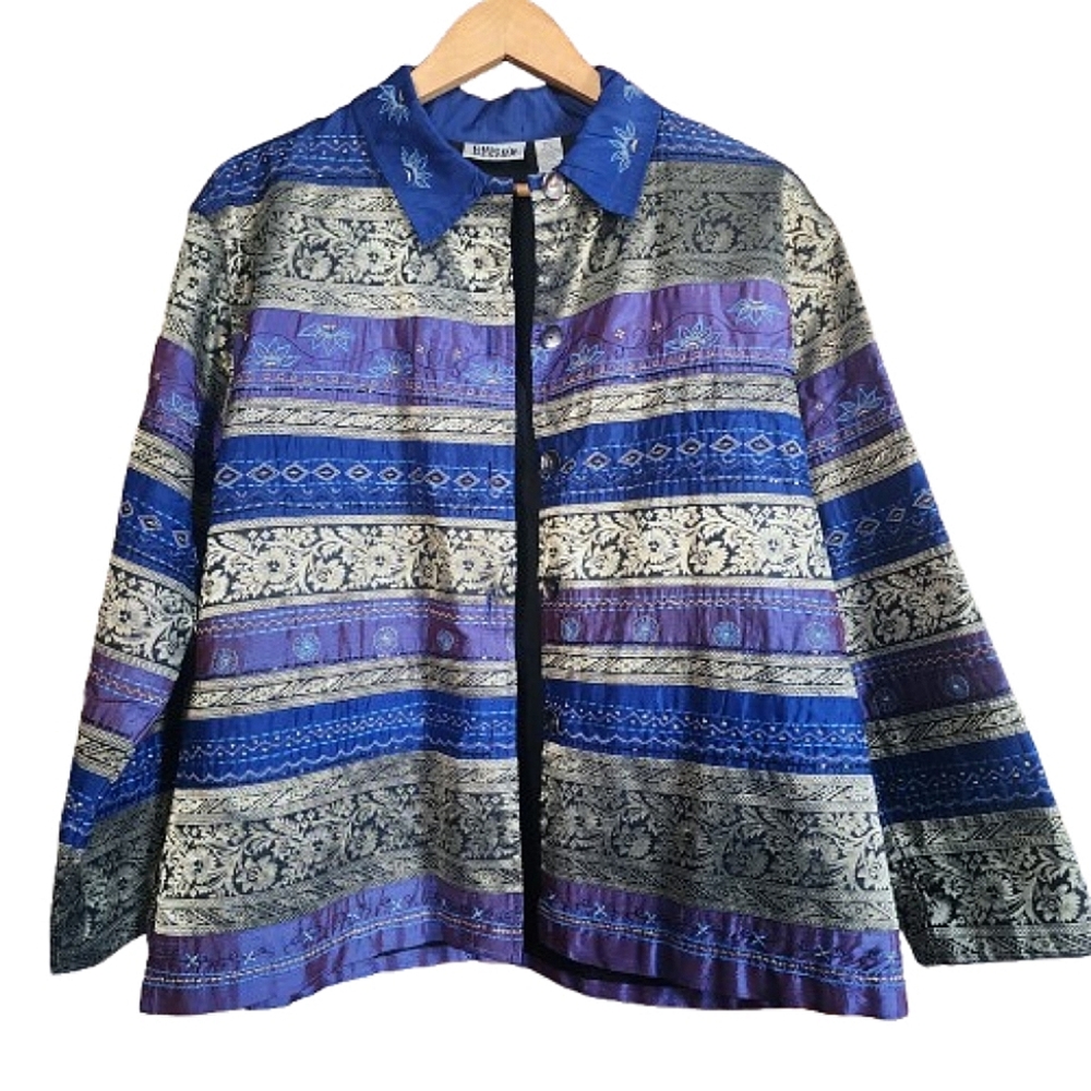 Chico's Womens M Oversized Boho Silk Beaded Embroidered Floral Coquette Jacket